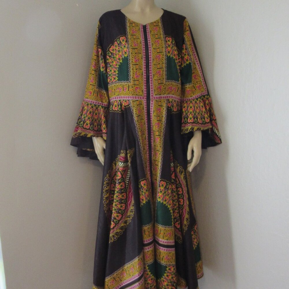 Ray Darten Multicolor African Theme Pattern Bell Sleeves XXL Full Circle Dress